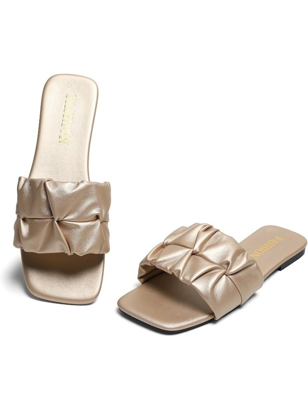 Women's Gold Pleated Square Toe Slide Sandals Summer Trendy Wedding Flats Shoes